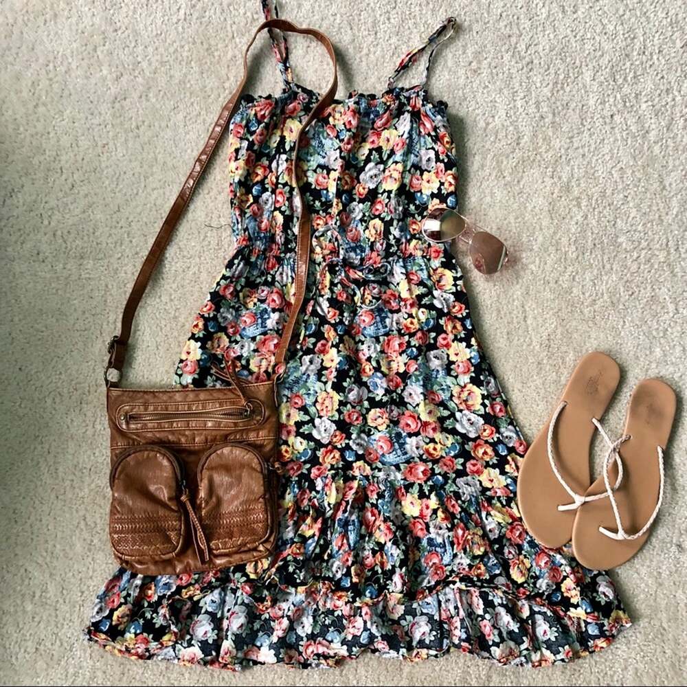 Pretty Floral Spaghetti Strap Dress Vibrant MIDI Farmers Market Mini A8